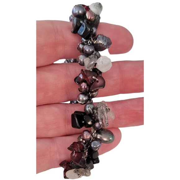 Sterling Silver Peacock Baroque Pearl Garnet Quart Cluster Bracelet, 7.5" L E541 - Picture 2 of 4